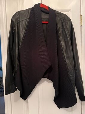 Blank NYC Black Draped Knit & Leather Open Front Jacket